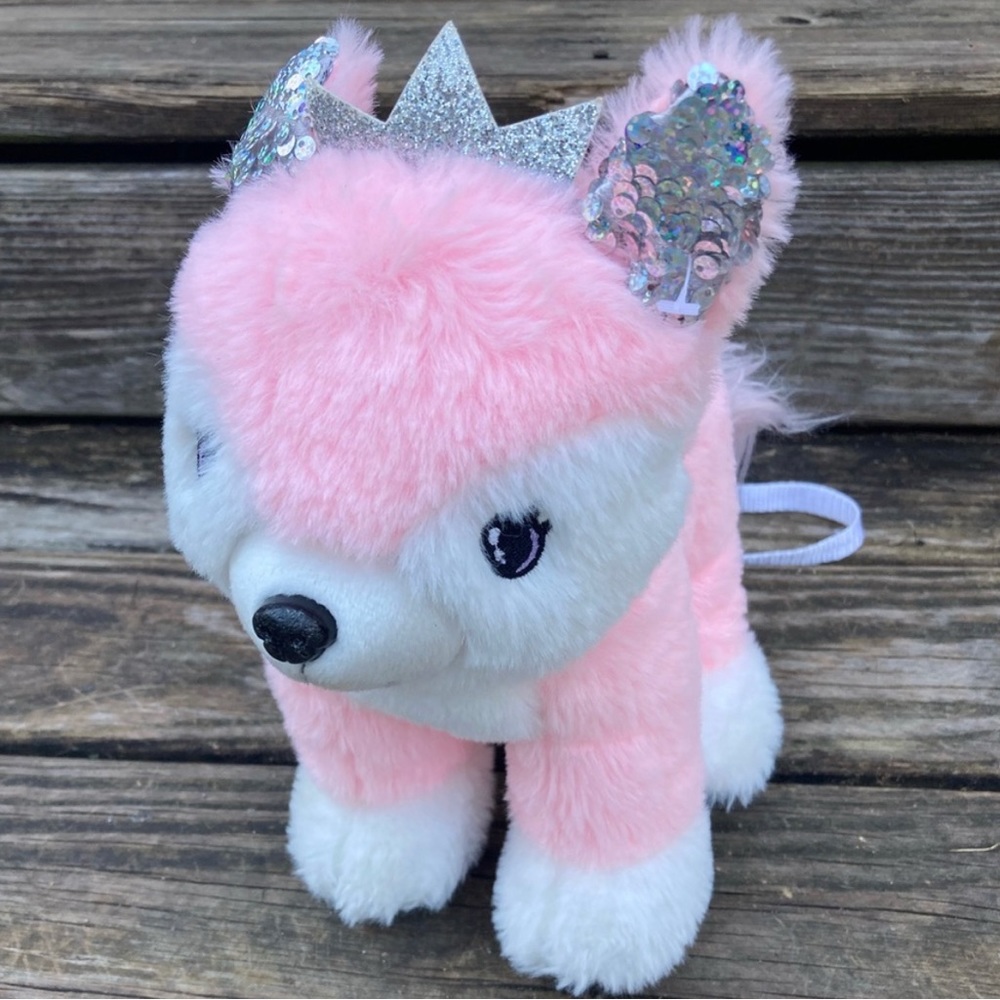 PLUSH PINK PUPPY WITH A CROWN PURSE